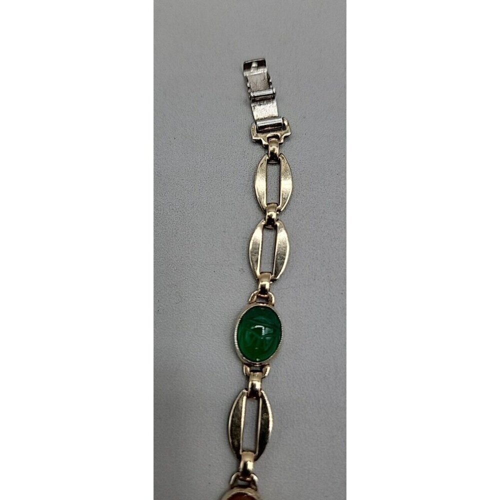 14k W. E. Richards Co. Symmetalic Sterling & Scarab Bracelet 6" Gemstones 1940s - Picture 12 of 15